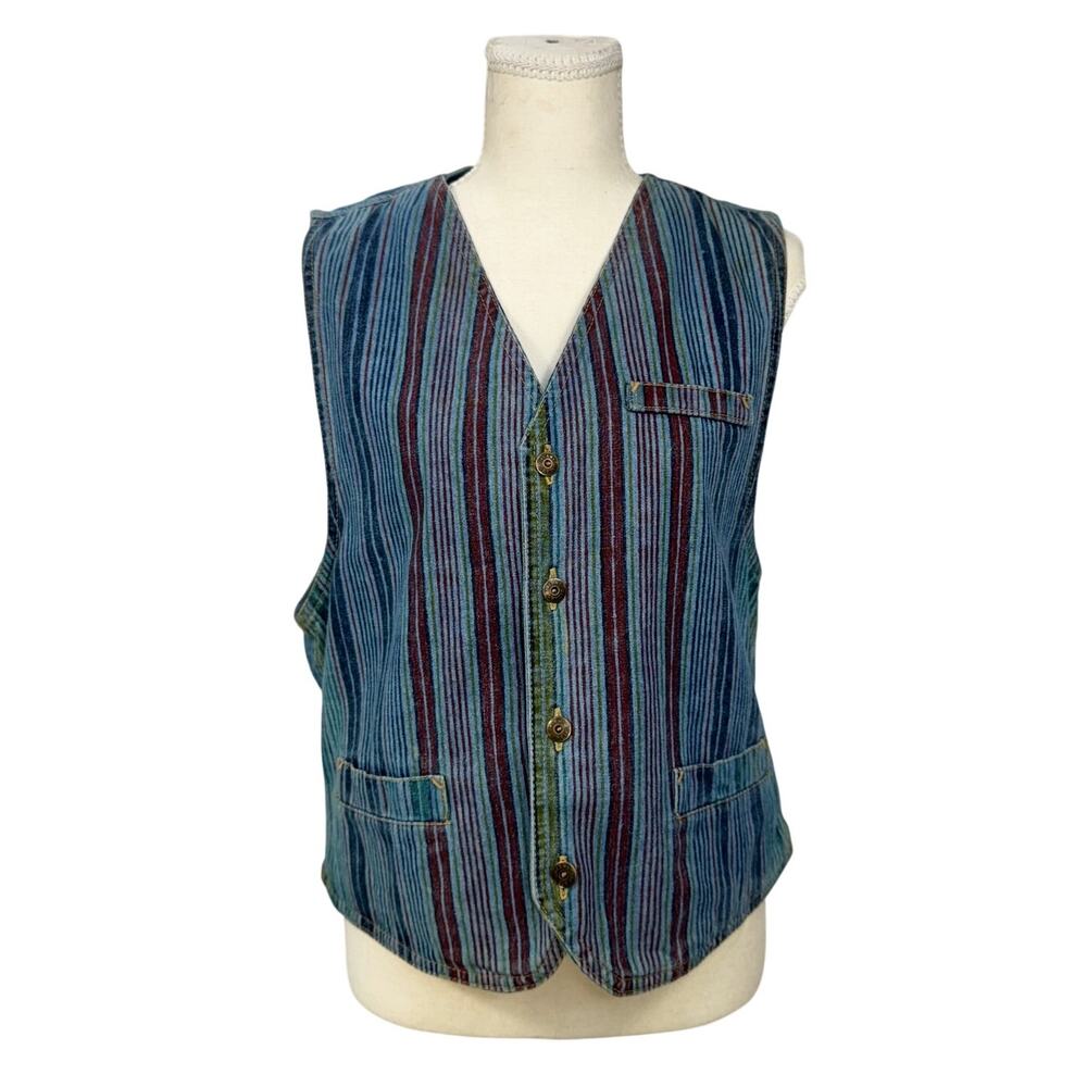 90s Multicolor Stripe Vest Small Denim Boho Indie Button Hippie Western Festival - Picture 2 of 16